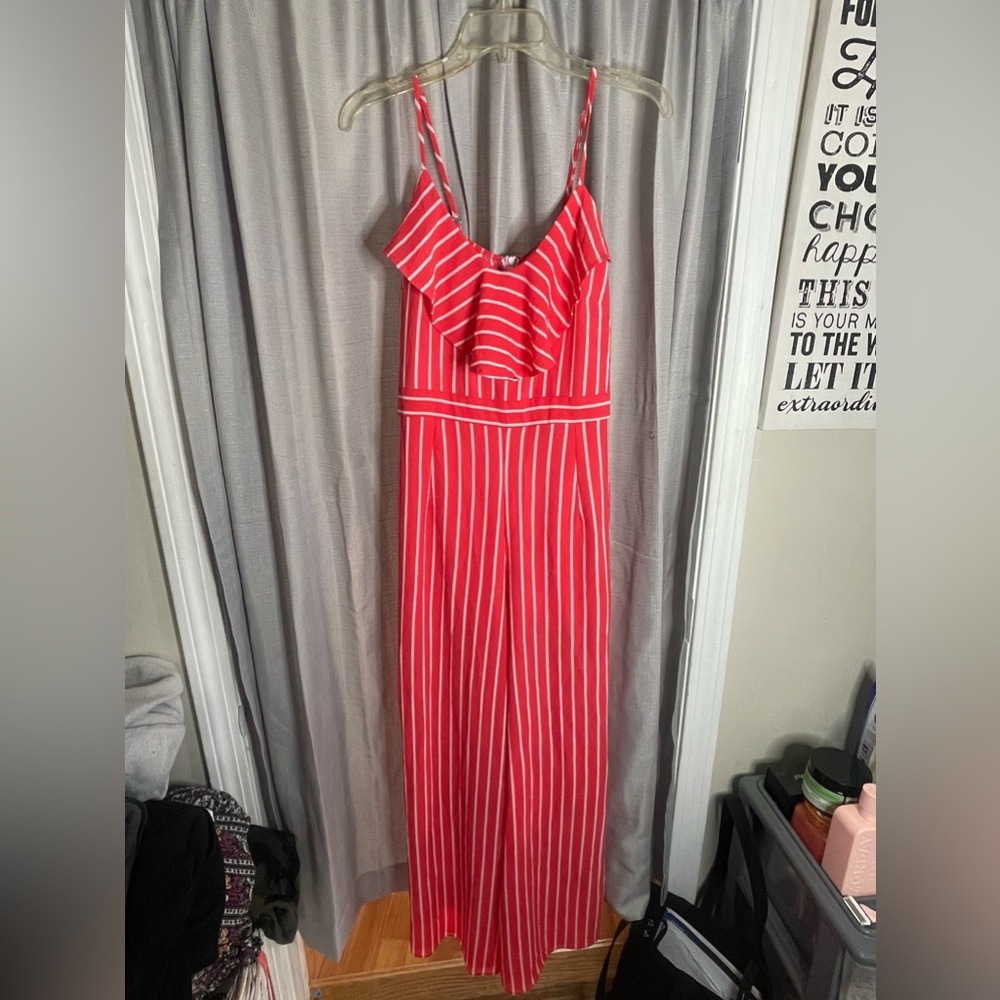 Red and white striped shinestar jumpsuit size L